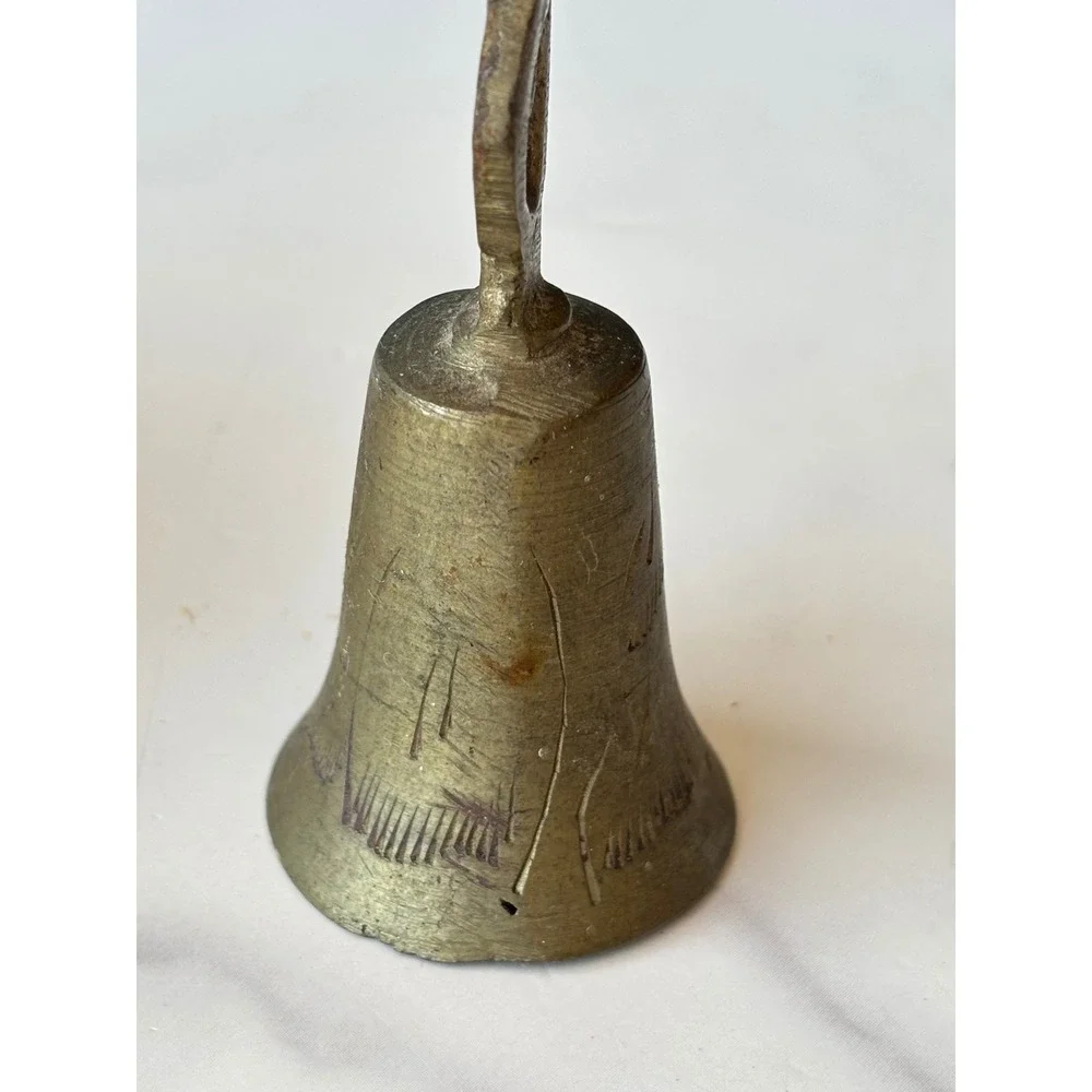 Vintage Etched Brass Hand Bell Small Decorative Metal Bell